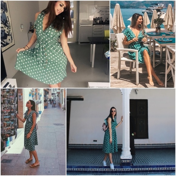 V-Neck Polka Dot Green Midi Belted Dress - Picture 3 of 9